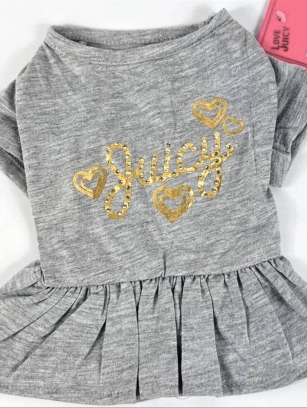 NWT Juicy Couture Toy Dog Bling Tee Outfit Dress Ruffle Skirt Hearts Gray Gold